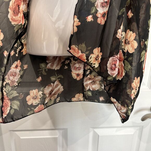 Try! This Women's S Kimono Blouse Black & Pink Floral Semi Sheer Cardigan - Picture 4 of 8